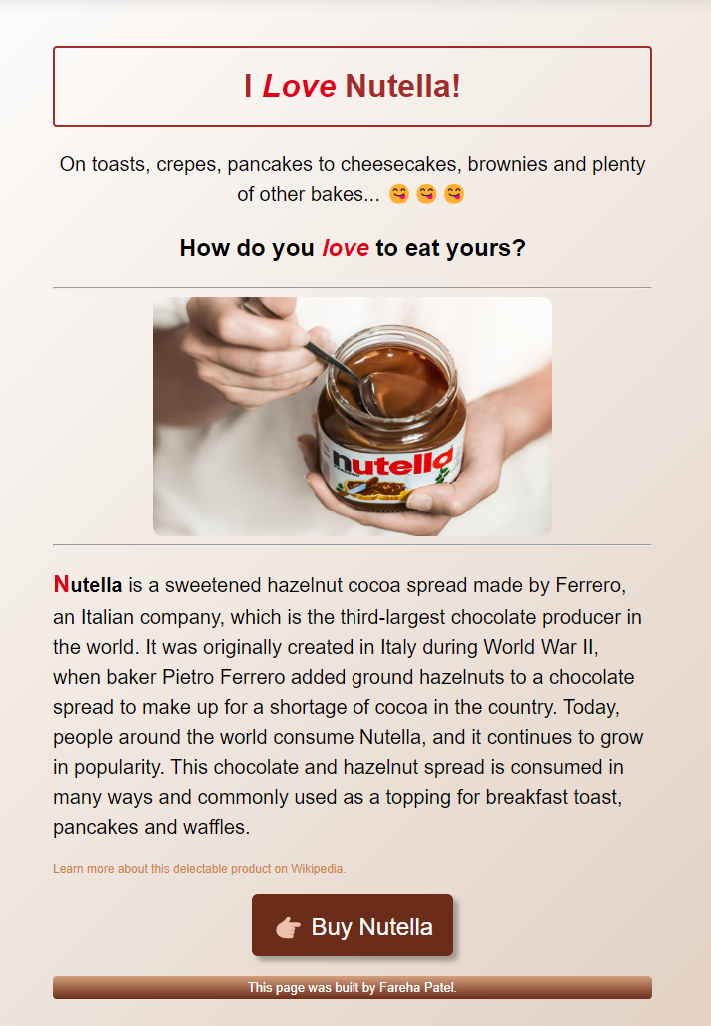 Nutella landing page project preview